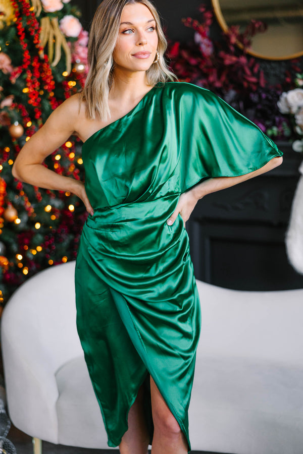 Off Shoulder Satin Stretch Dress With Bow - 4 / Emerald