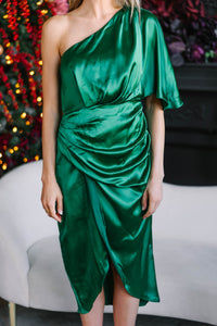 bold green satin midi dress for women