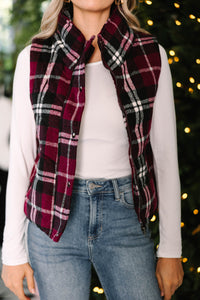Happy To Be Here Wine Red Plaid Vest
