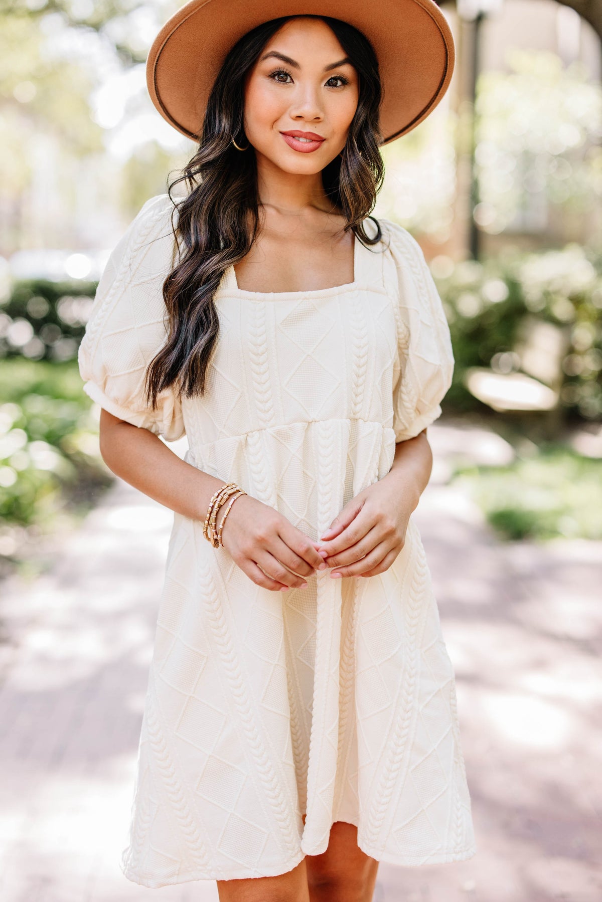 babydoll sweater dress Obsessed Cream Cream babydoll sweater dress with balloon sleeves and bell Womens Square Neck Long Sleeve