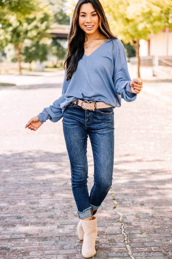 blue waffle knit top