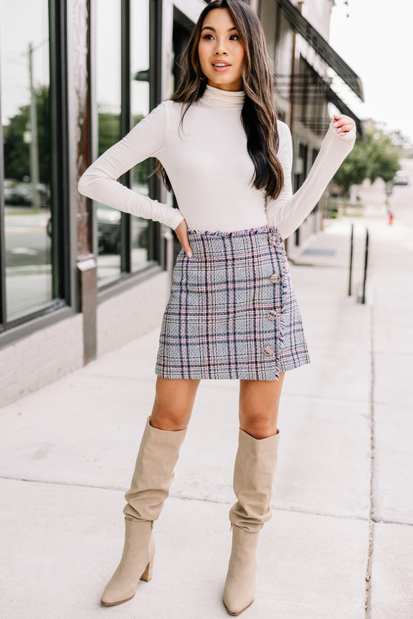 blue plaid tweed skirt