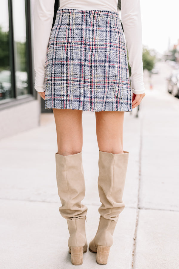 blue plaid tweed skirt