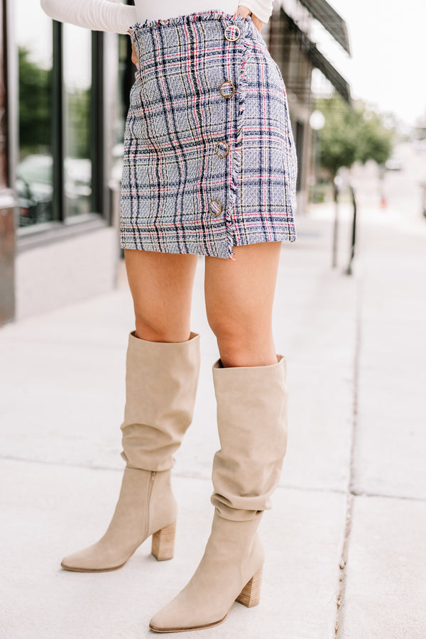 blue plaid tweed skirt