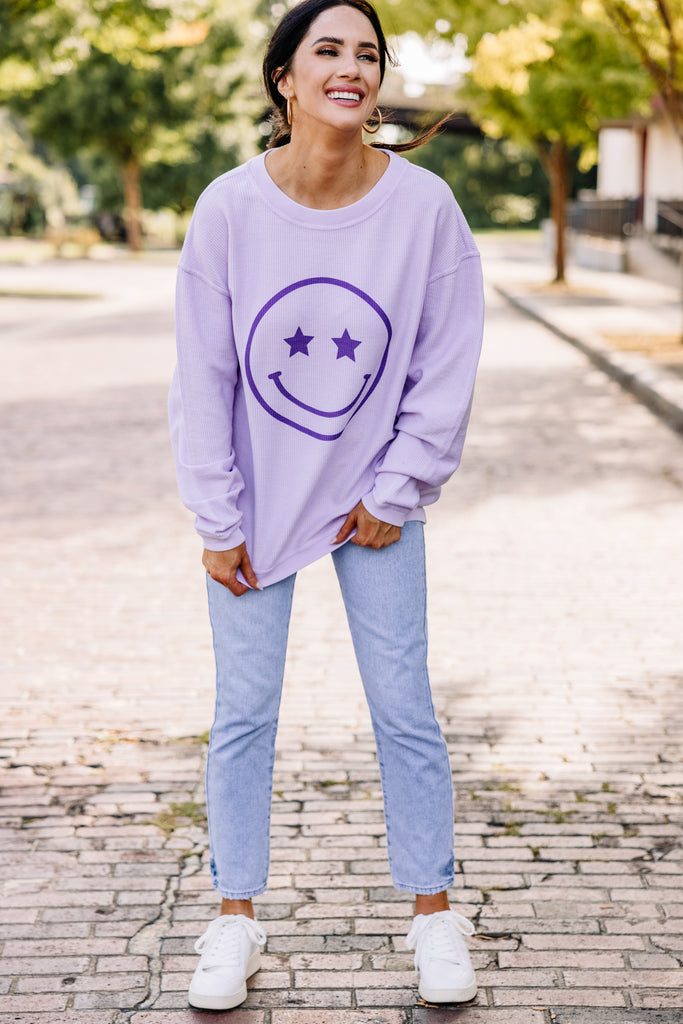 All Smiles Lilac Purple Corded Graphic Sweatshirt - Trendy Sweatshirts ...