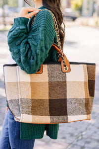 Feel The Joy Taupe Brown Plaid Tote Purse