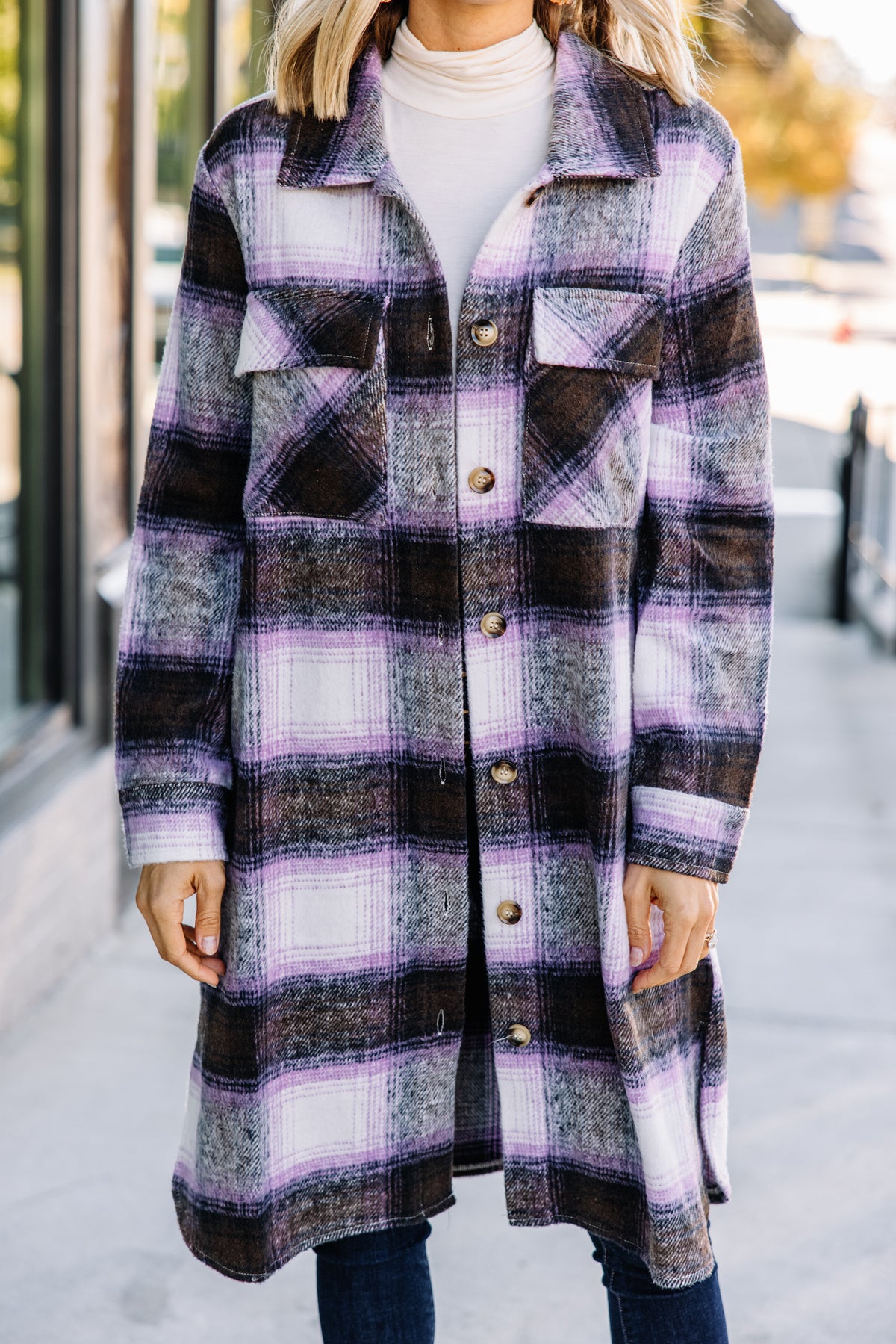 Purple plaid coat clearance