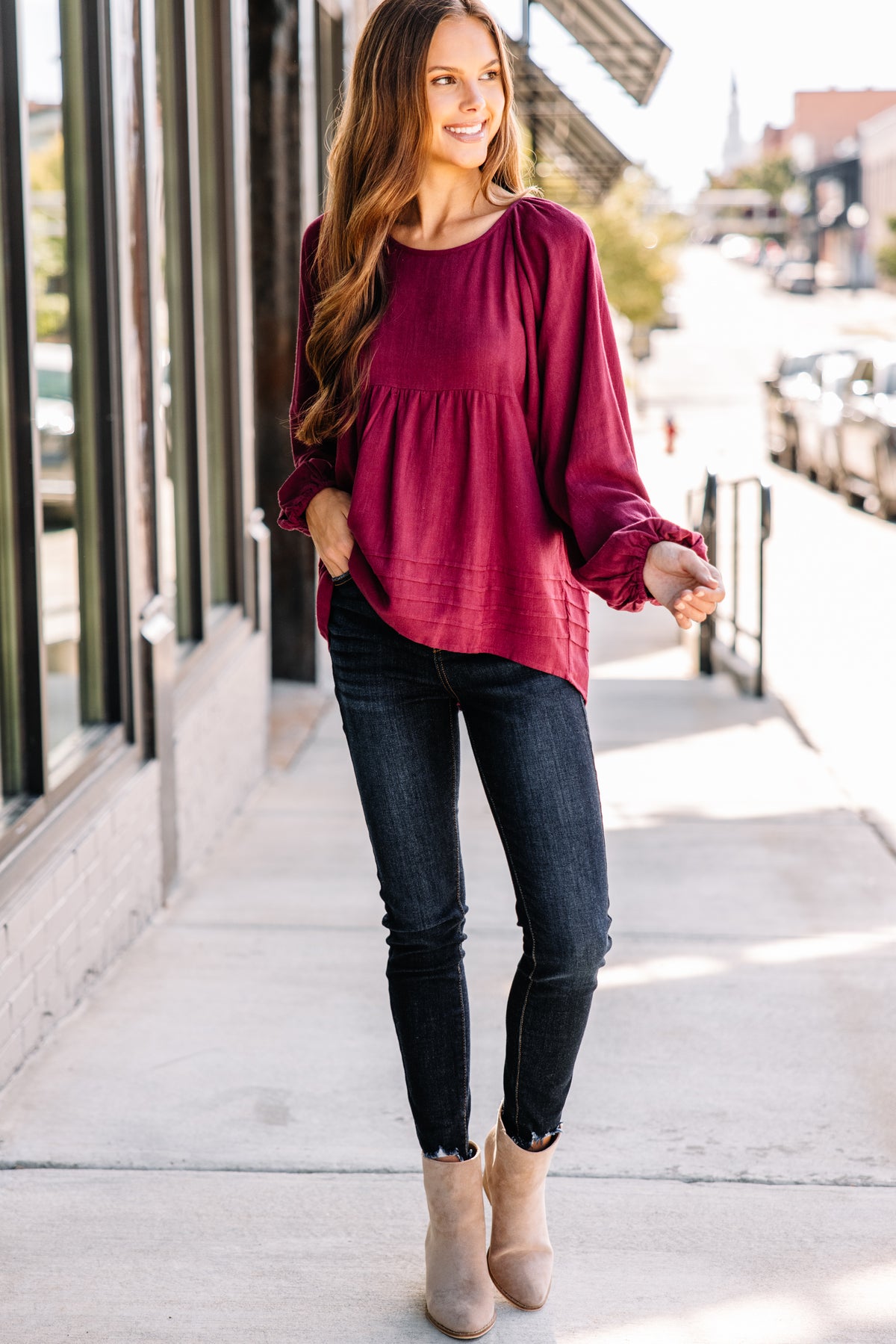 Trendy Merlot Red Linen Babydoll Top - Cute Tops – Shop the Mint