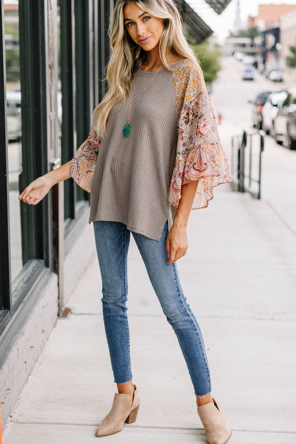 brown mixed print top