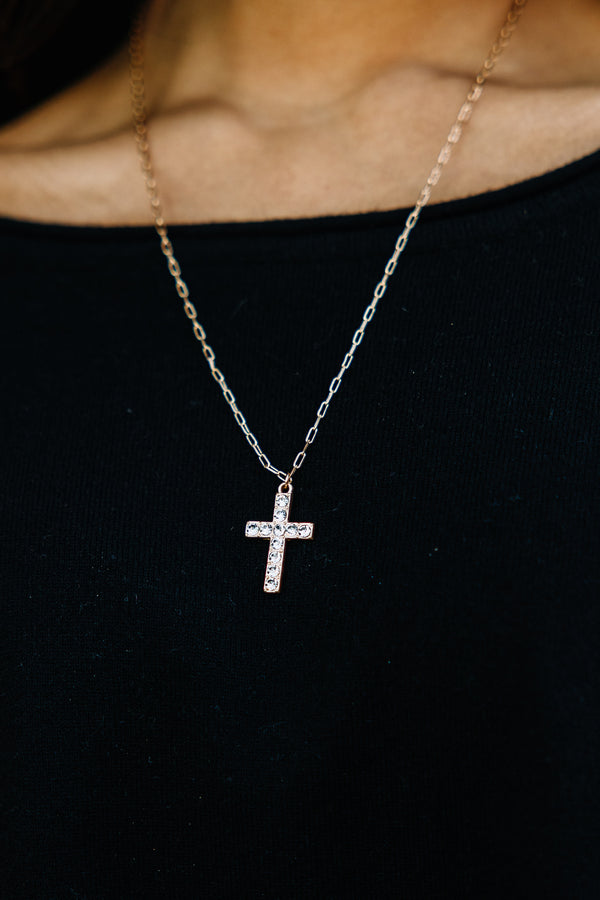 Up In The Air Gold Rhinestone Cross Pendnat Necklace