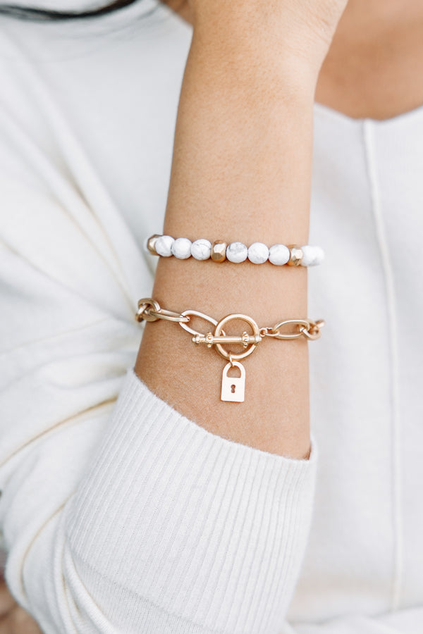 Find You Well White Marble Lock Charm Toggle Bracelet