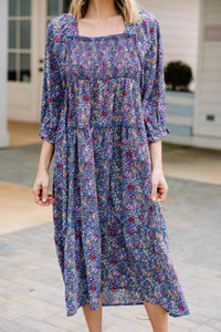 blue ditsy floral midi dress