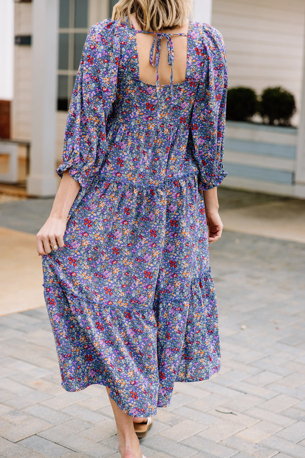 blue ditsy floral midi dress