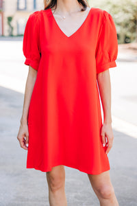 At First Sight Tomato Red Puff Sleeve Dress