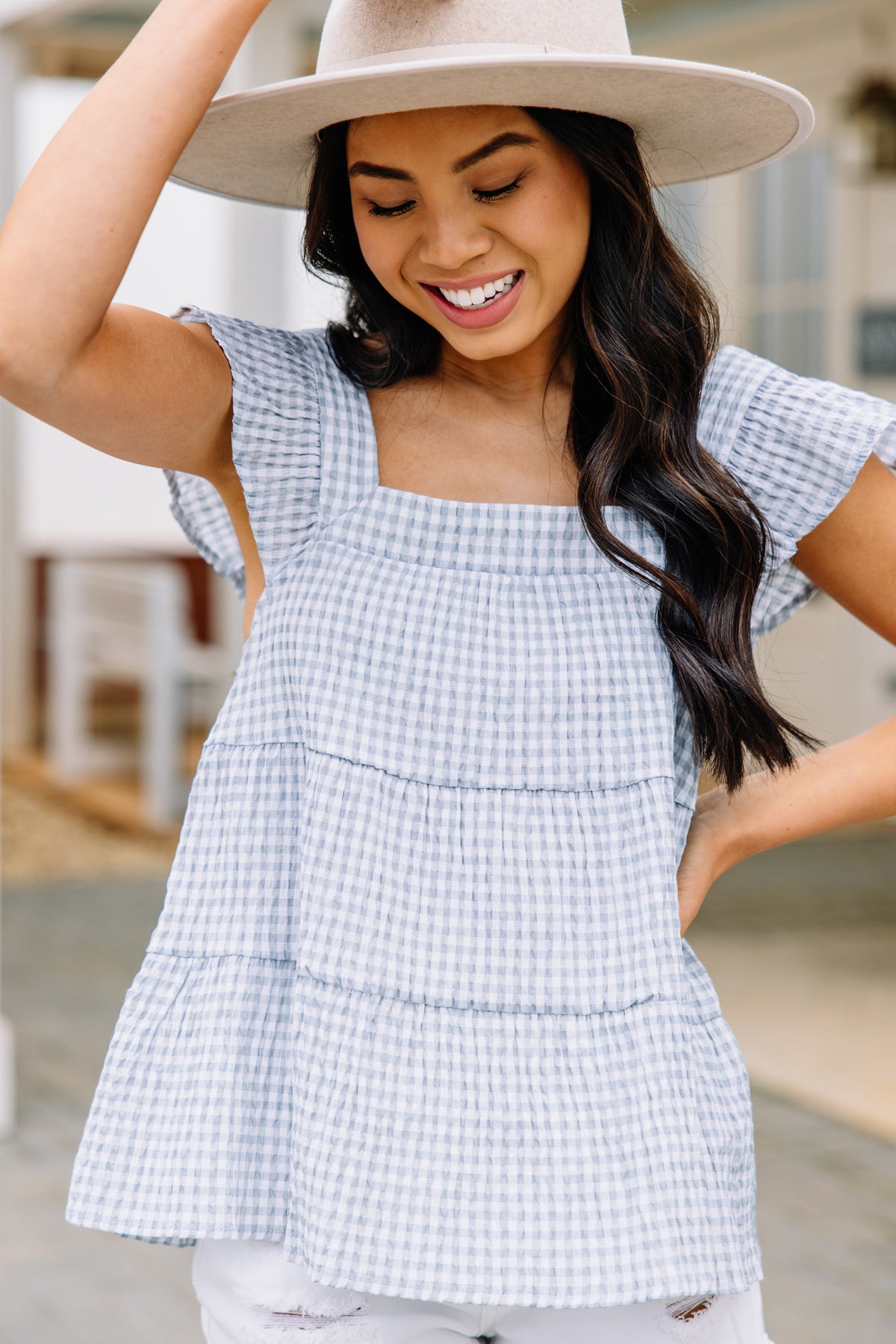 Been Waiting For You Light Blue Gingham Blouse Shop the Mint