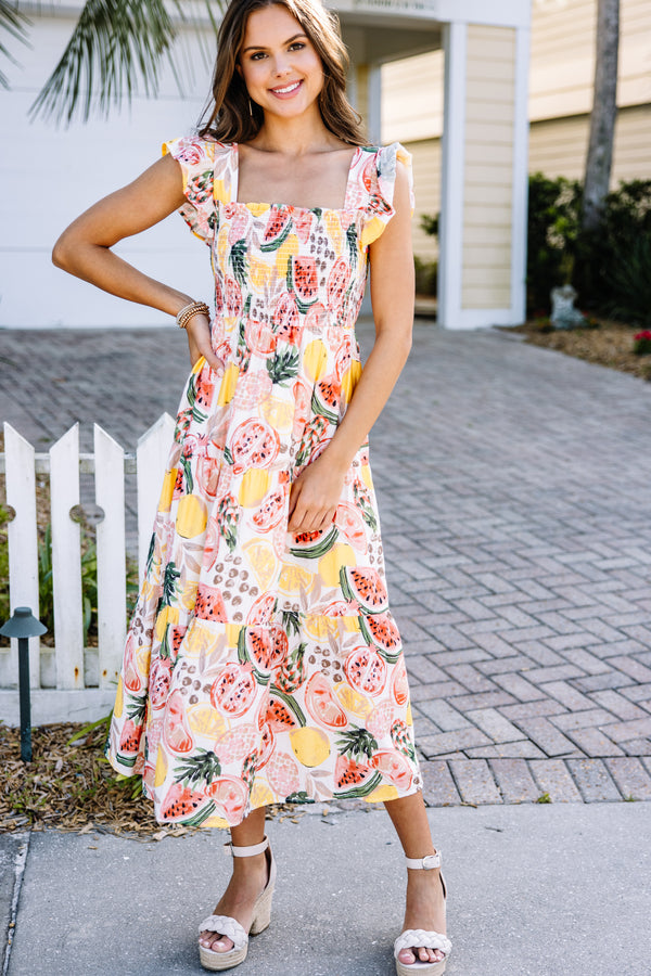 Just So Sweet Ivory Multi Fruit Print Midi Dress – Shop the Mint