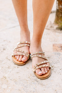 brown studded slide sandals