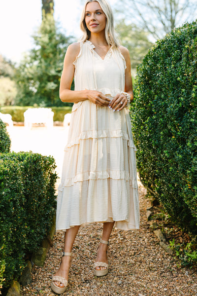 Pursue Perfection Oatmeal White Ruffled Midi Dress – Shop the Mint