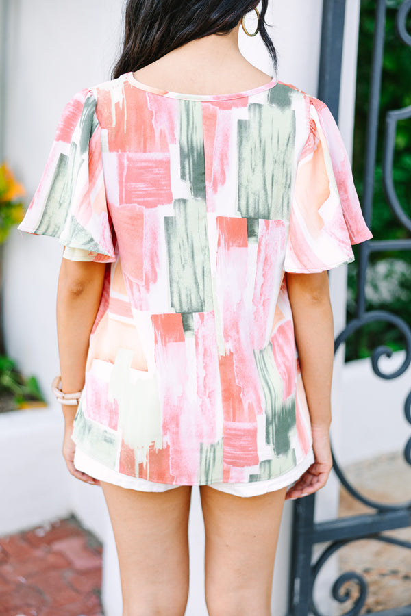 short sleeve sage green and orange abstract print top