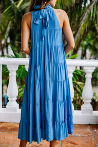 blue ruffled midi dress