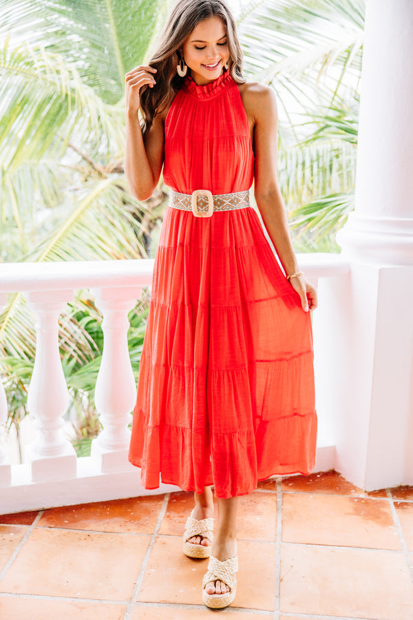 Come To Me Coral Orange Tiered Midi Dress Shop the Mint Come To Me Coral Orange Tiered Midi Dress Shop the Mint