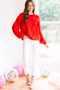 All For The Love Red Pompom Heart Sweater