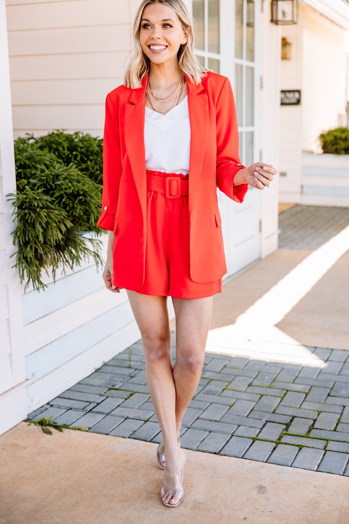 Born and Vibrant Tomato Red Belted Shorts - Chic Spring Shorts – Shop ...