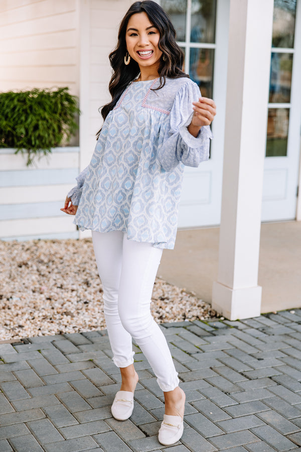 mixed print blue blouse