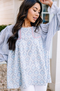 mixed print blue blouse