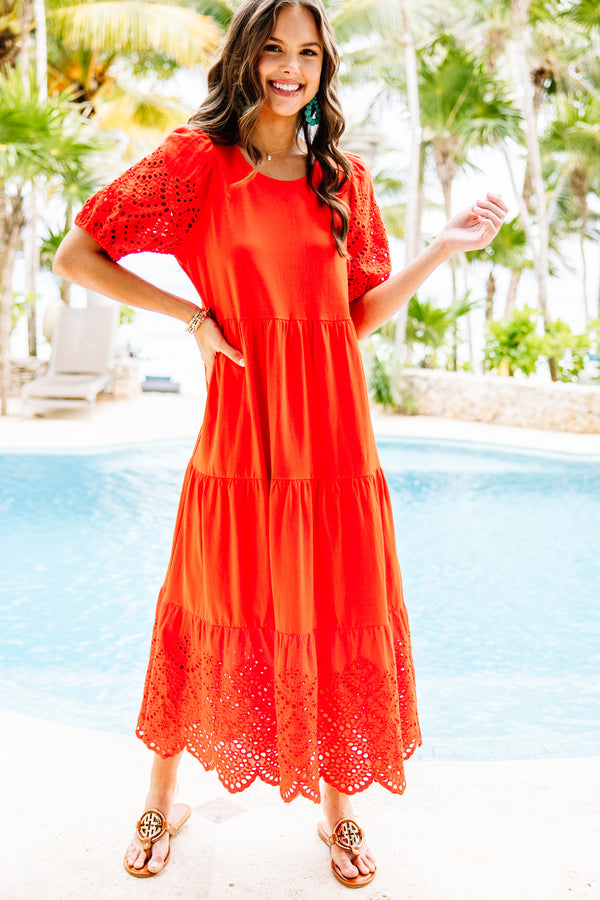 All You Need To Know Red Eyelet Midi Dress