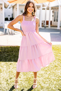 pink smocked midi dress