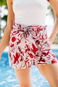 red abstract floral shorts