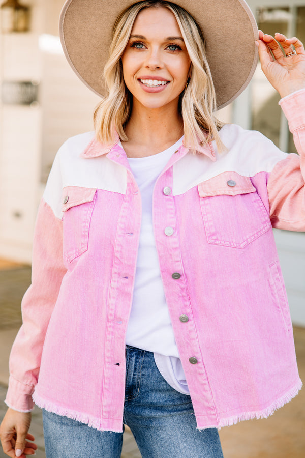 Pink Sequin Pocket Distressed Button-Down Denim Jacket – Girls Downtown