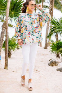 bright floral blouse