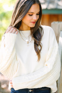 Just Too Sweet Ivory White Cable Sleeve Sweater