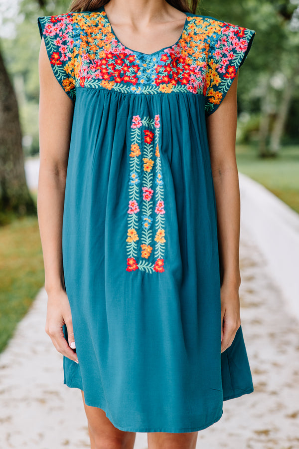 Live Your Way Teal Blue Embroidered Dress