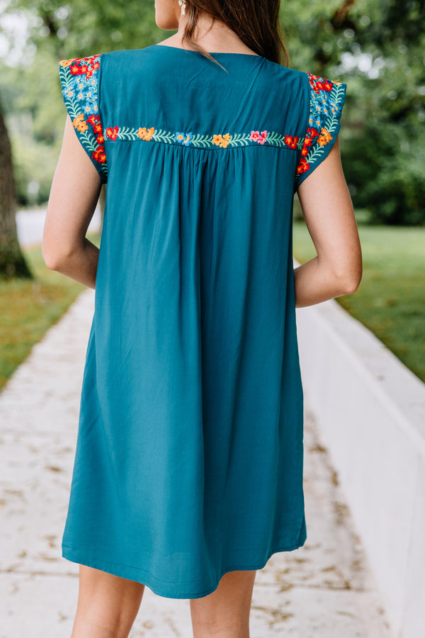 Live Your Way Teal Blue Embroidered Dress