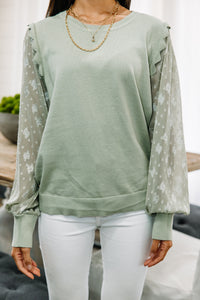 Happy Heart Sage Green Lace Sleeve Sweater