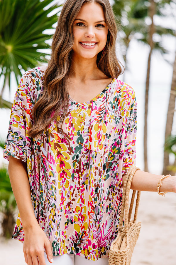 Just You Wait Tan & Chartreuse Floral Pocket Top
