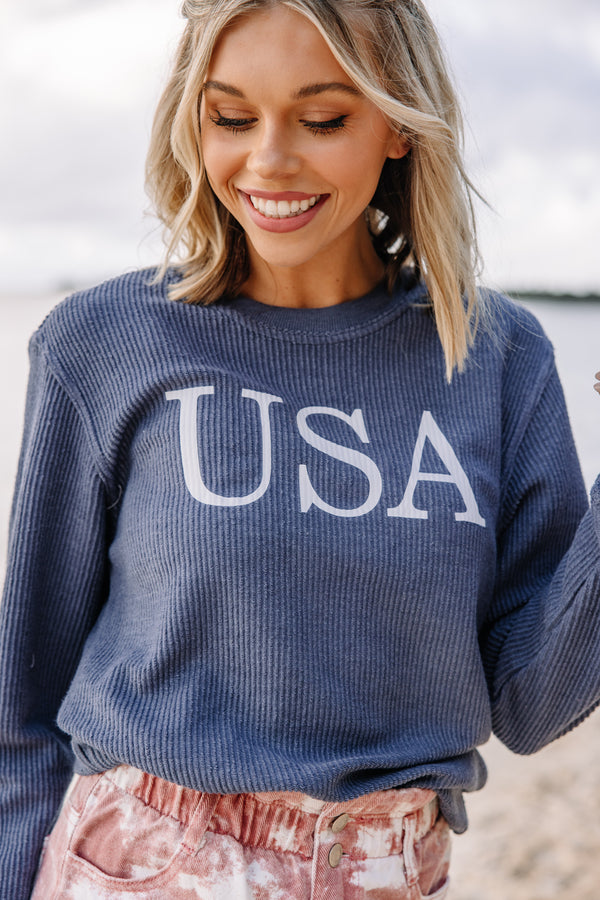 USA Navy Blue Corded Graphic Sweatshirt