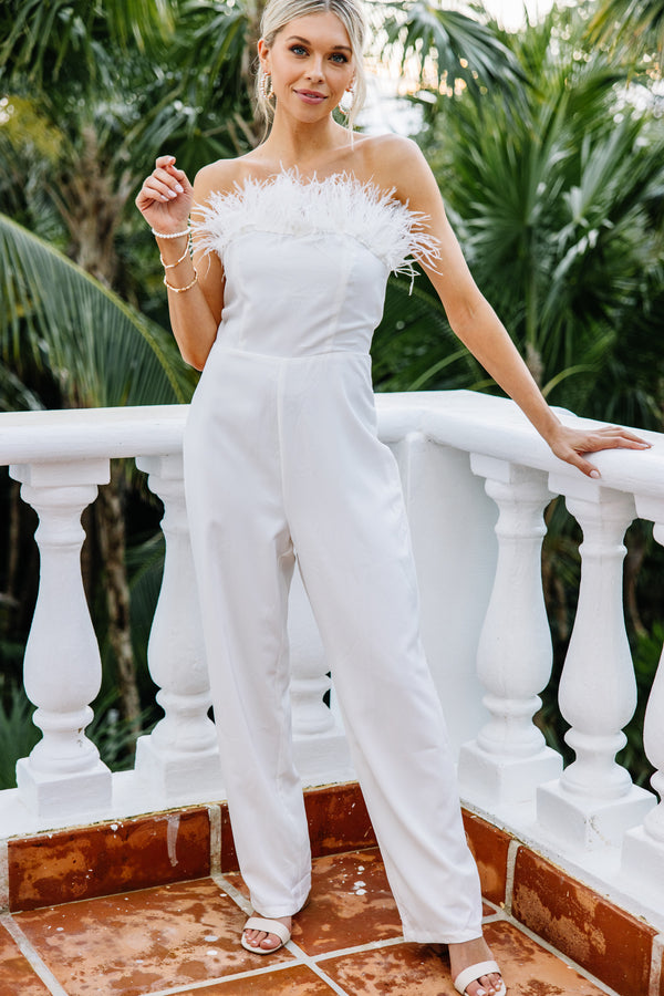 Bold Choices White Feather Trimmed Jumpsuit