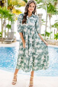 Tiered Midi Dress Palm Print Dress Collared Neckline Dress Half Puff Sleeves Summer Fashion