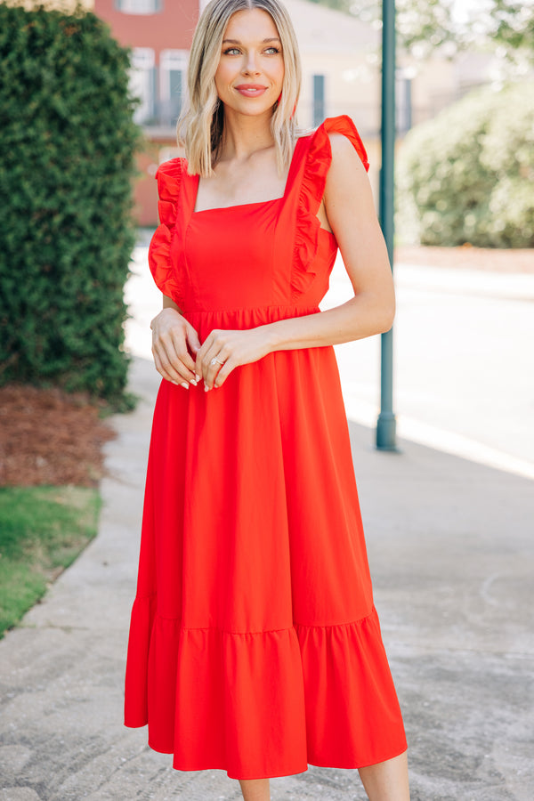 What You're Looking For Coral Red Ruffled Midi Dress