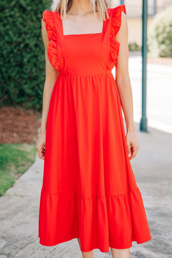 What You're Looking For Coral Red Ruffled Midi Dress
