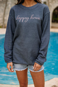 Happy Hour Navy Blue Corded Embroidered Sweatshirt