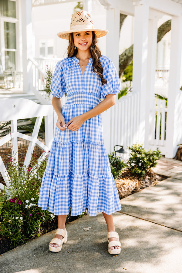 Stay The Course Blue Gingham Midi Dress Shop the Mint Stay The Course Blue Gingham Midi Dress Shop the Mint