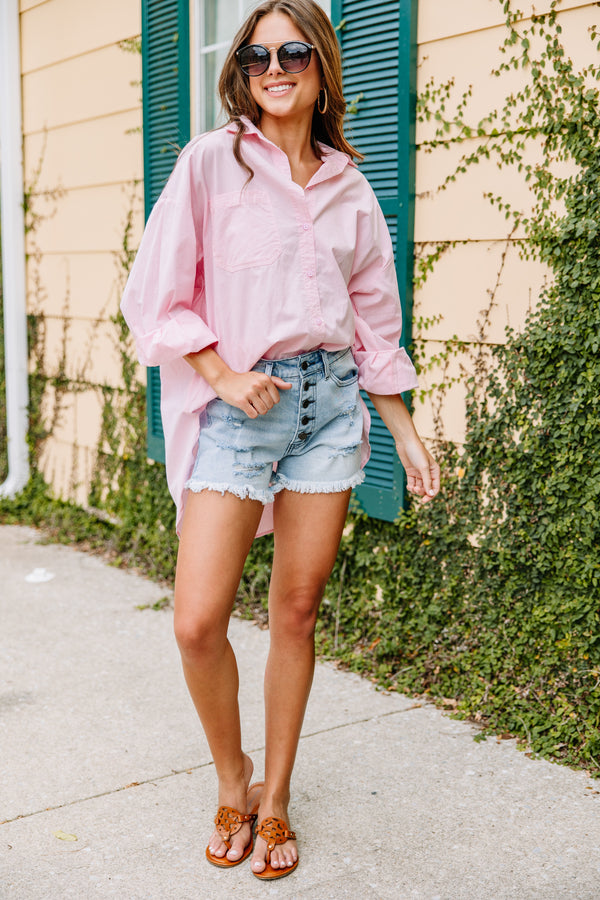 trendy pink cotton button down top, button down tops for women, oversized tops, boutique tops for women