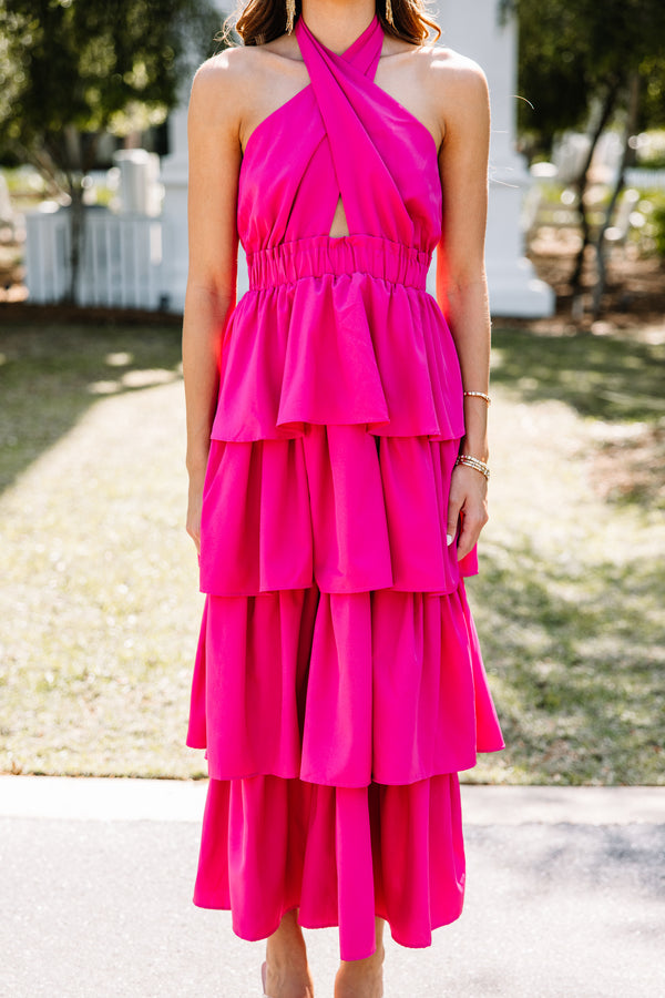 bright pink ruffled maxi dress