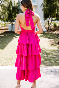 bright pink ruffled maxi dress