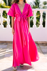 Keep It Up Fuchsia Pink Puff Sleeve Maxi Dress